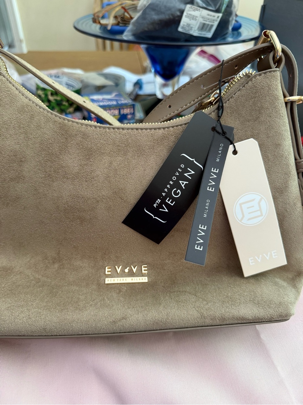 EVVE Milano vegan suede shoulder bag w/ gold hardware PETA-approved vegan label